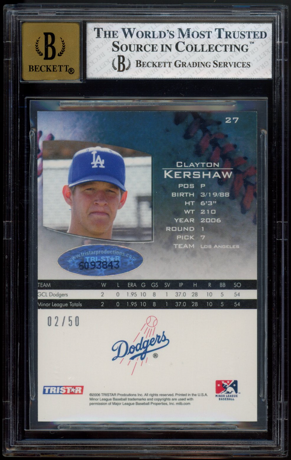 CLAYTON KERSHAW 2006 TRISTAR Prospects Plus Gold Auto /50 Rookie #27 BGS 8