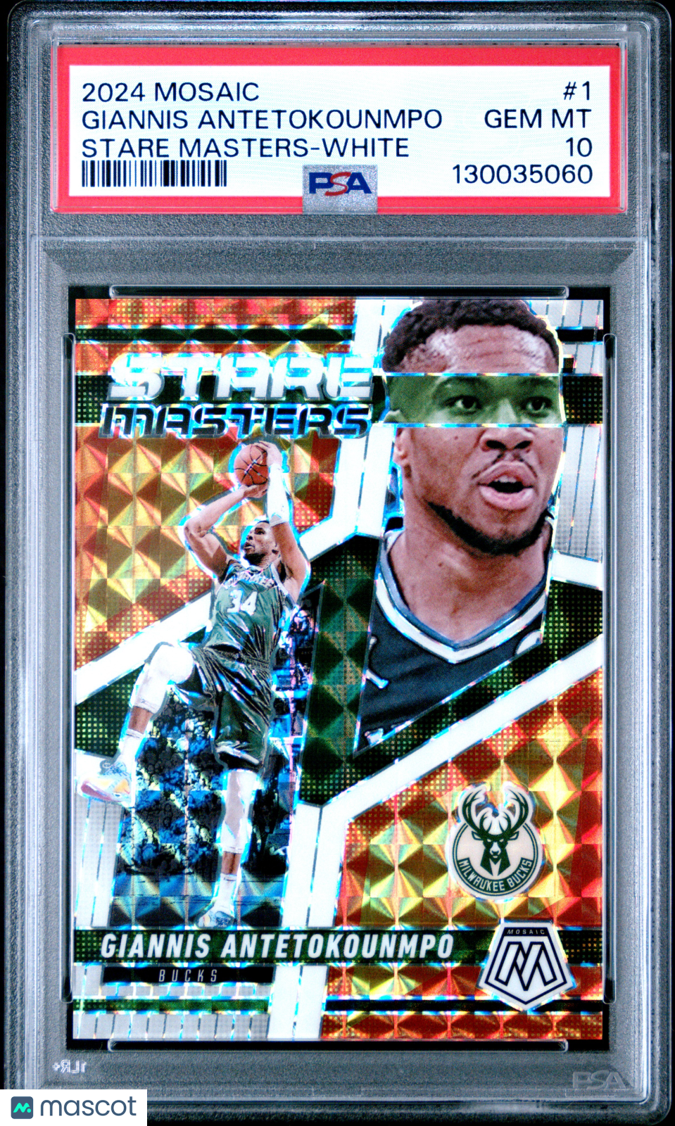 GIANNIS ANTETOKOUNMPO 2024-25 Panini Mosaic Stare Masters White Prizm /25 PSA 10