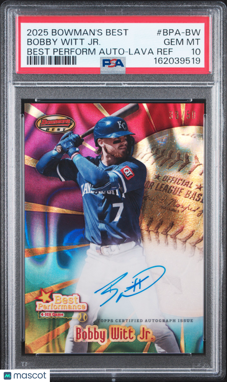 BOBBY WITT JR. 2025 Bowman's Best Performance Auto Lava Refractor /50 PSA 10