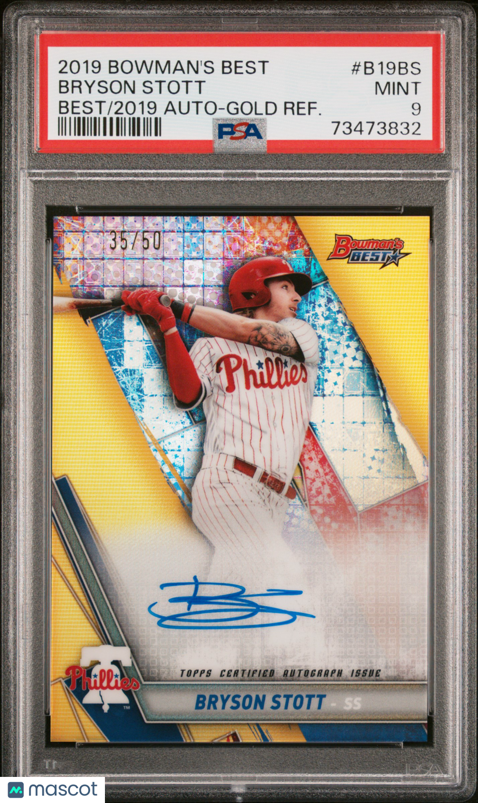 BRYSON STOTT 2019 Bowman's Best Gold Refractor Auto /50 PSA 9 Phillies