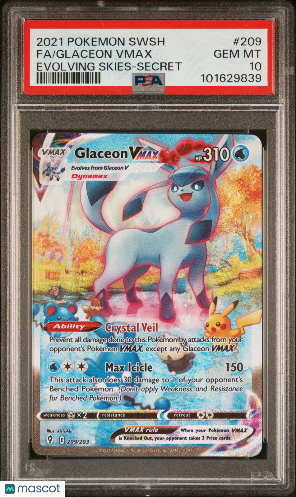 GLACEON VMAX 2021 Pokemon Sword & Shield Evolving Skies Secret Rare #209 PSA 10
