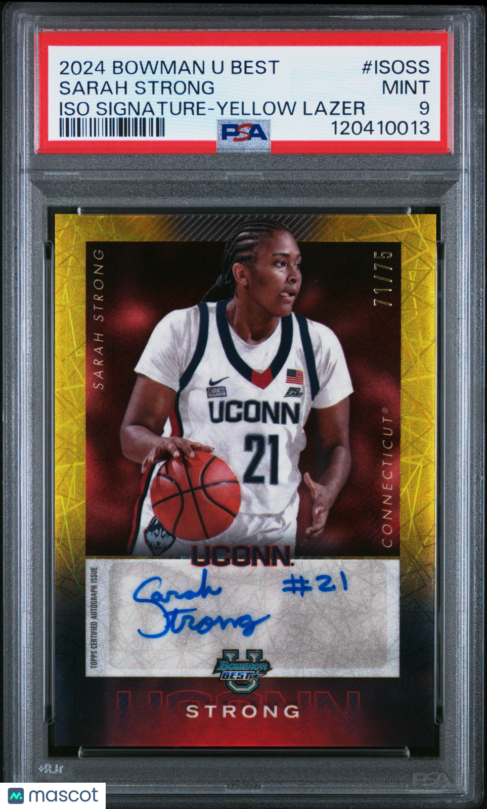 SARAH STRONG 2024 Bowman U Best Iso Signatures Yellow Lazer Auto /75 PSA 9 UCONN