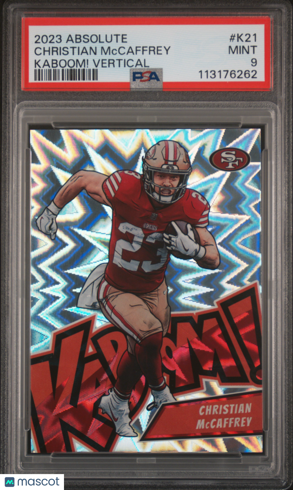 CHRISTIAN MCCAFFREY 2023 Panini Absolute Kaboom Vertical Case Hit SSP #K21 PSA 9