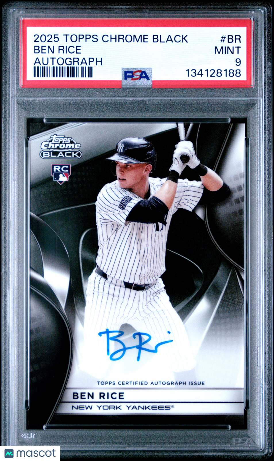 BEN RICE 2025 Topps Chrome Black Rookie Auto #BR PSA 9 Yankees