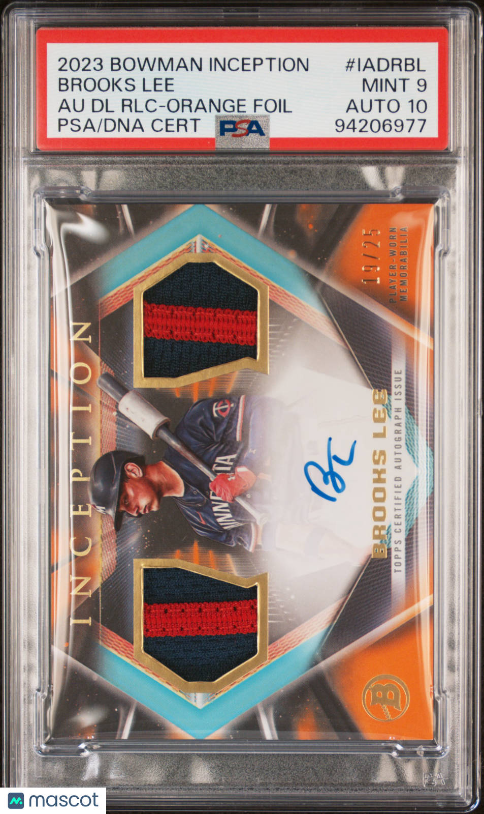 BROOKS LEE 2023 Bowman Inception Auto Dual Patch Orange /25 #IADRBL PSA 9