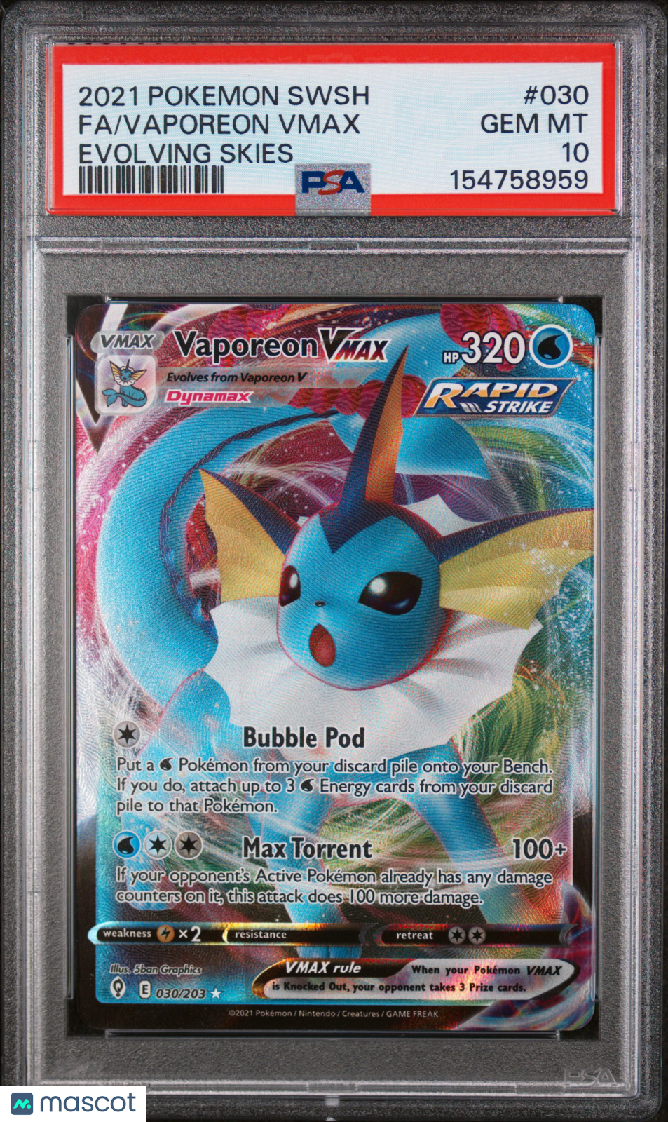 VAPOREON VMAX 2021 Pokemon Sword & Shield Evolving Skies Full Art #030 PSA 10