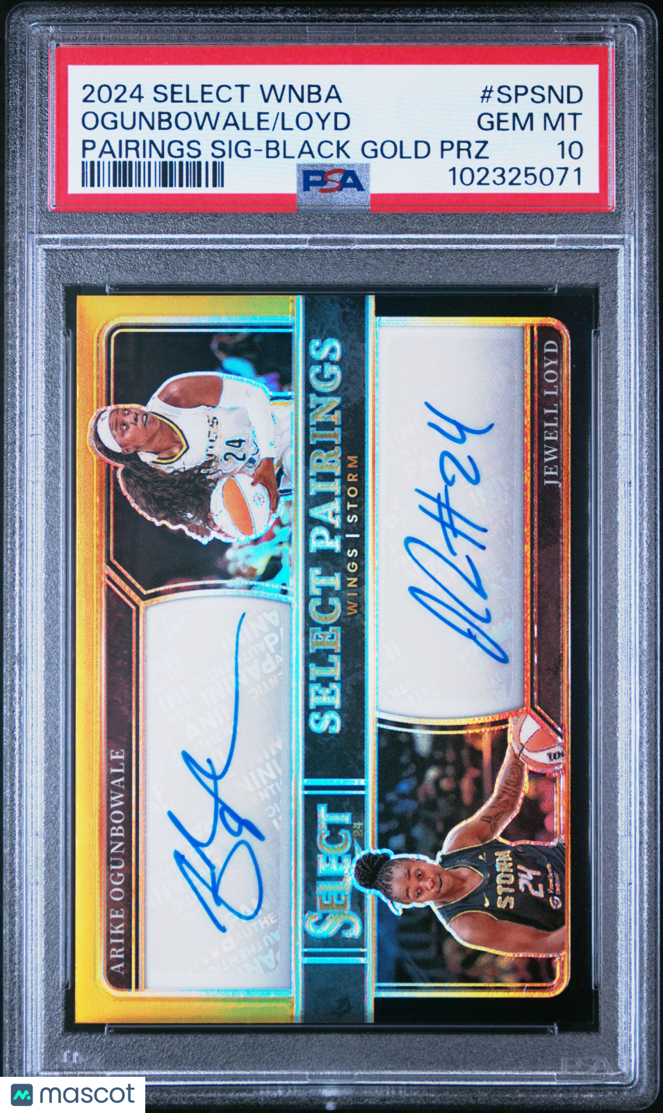 ARIKE OGUNBOWALE JEWELL LOYD 2024 Panini WNBA Select Black Gold Auto /5 PSA 10