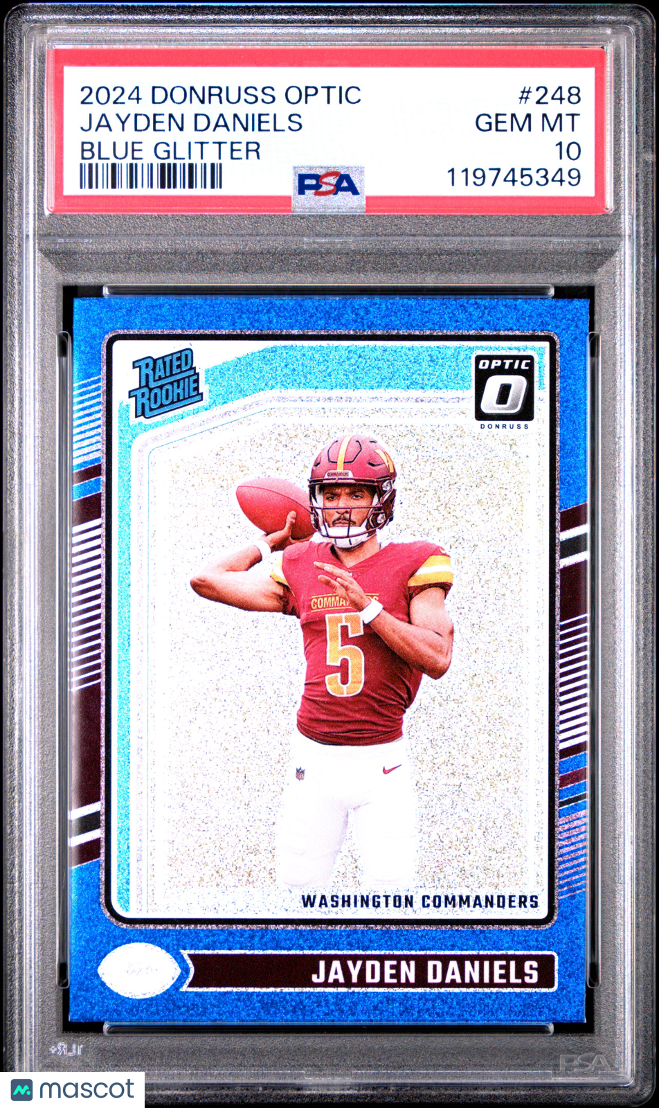 JAYDEN DANIELS 2024 Donruss Optic Rated Rookie Blue Glitter Prizm SSP 248 PSA 10