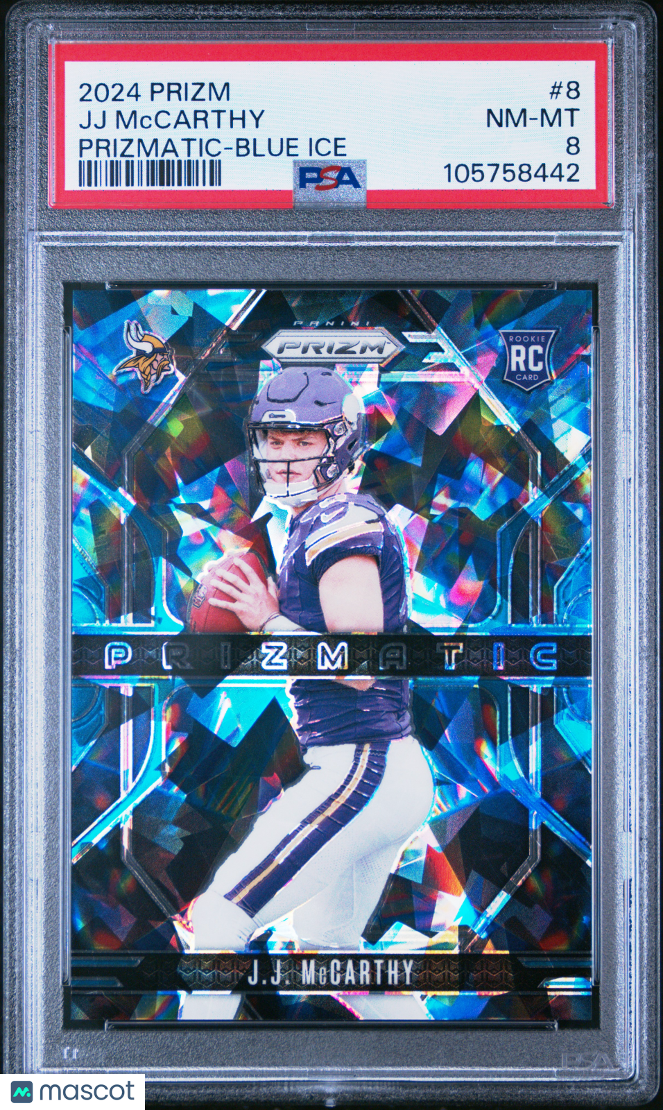 JJ MCCARTHY 2024 Panini Prizm Rookie Prizmatic Blue Ice /99 #8 PSA 8