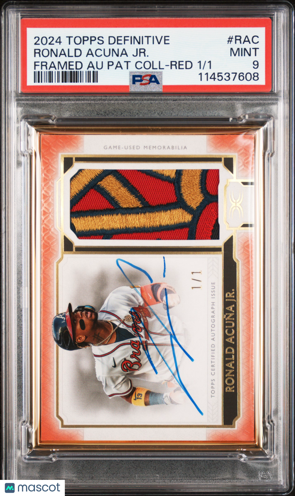 RONALD ACUNA JR 2024 Topps Definitive Collection Framed Auto Patch Red 1/1 PSA 9