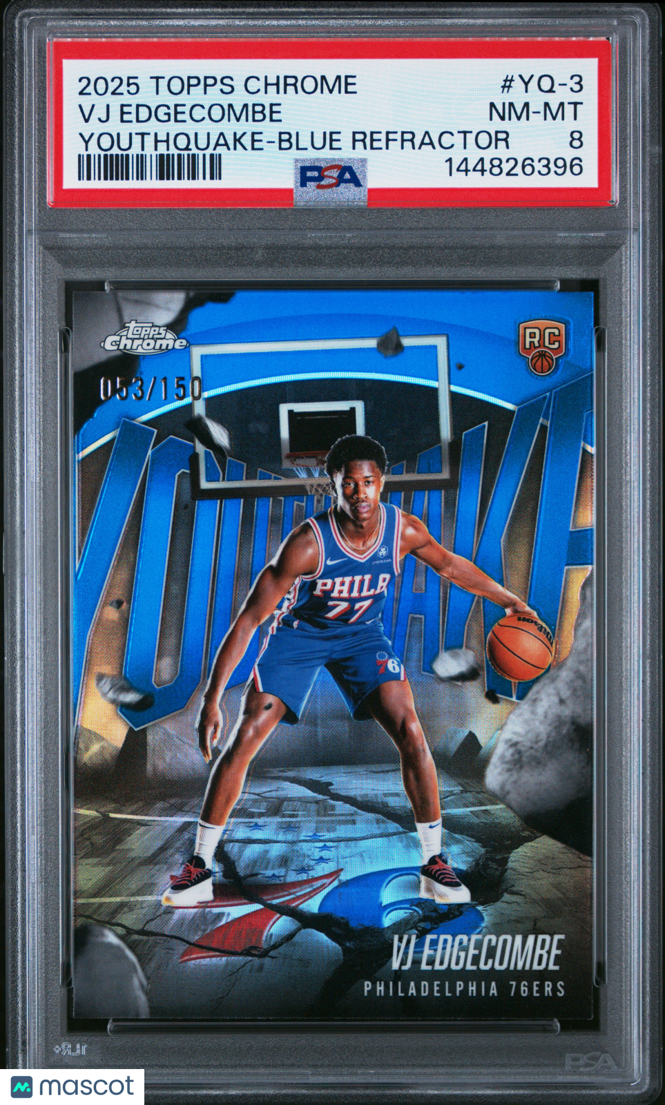 VJ EDGECOMBE 2025-26 Topps Chrome YouthQuake Blue Refractor /150 #YQ-3 PSA 8