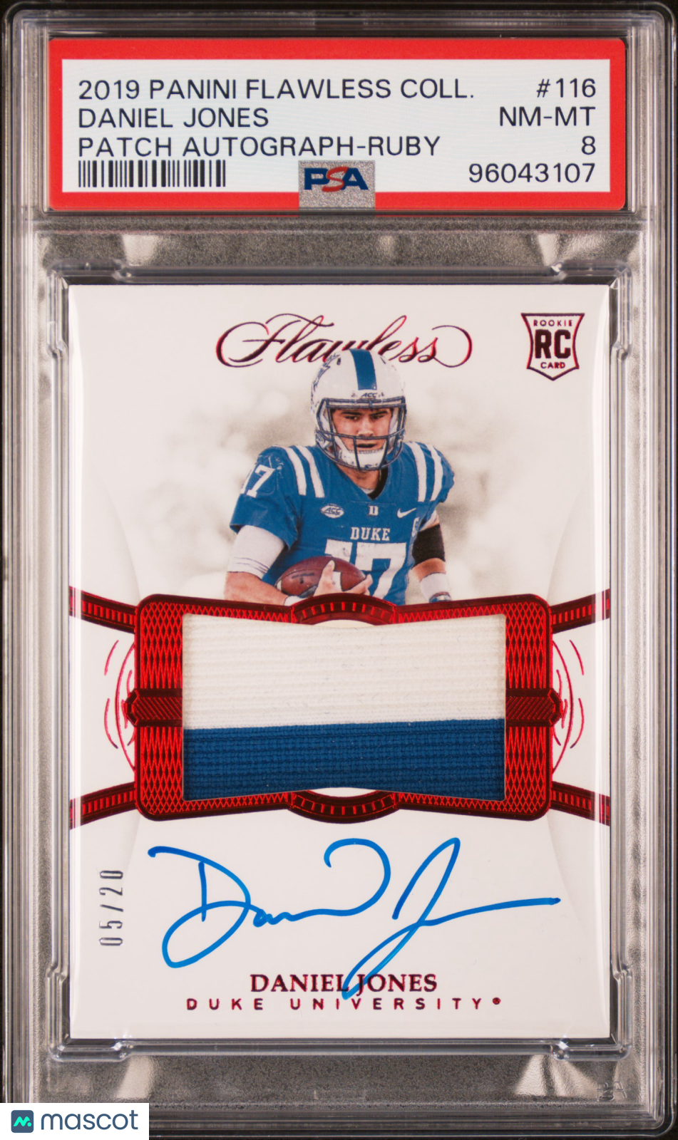 DANIEL JONES 2019 Panini Flawless Collegiate Rookie Patch Auto Ruby /20 PSA 8