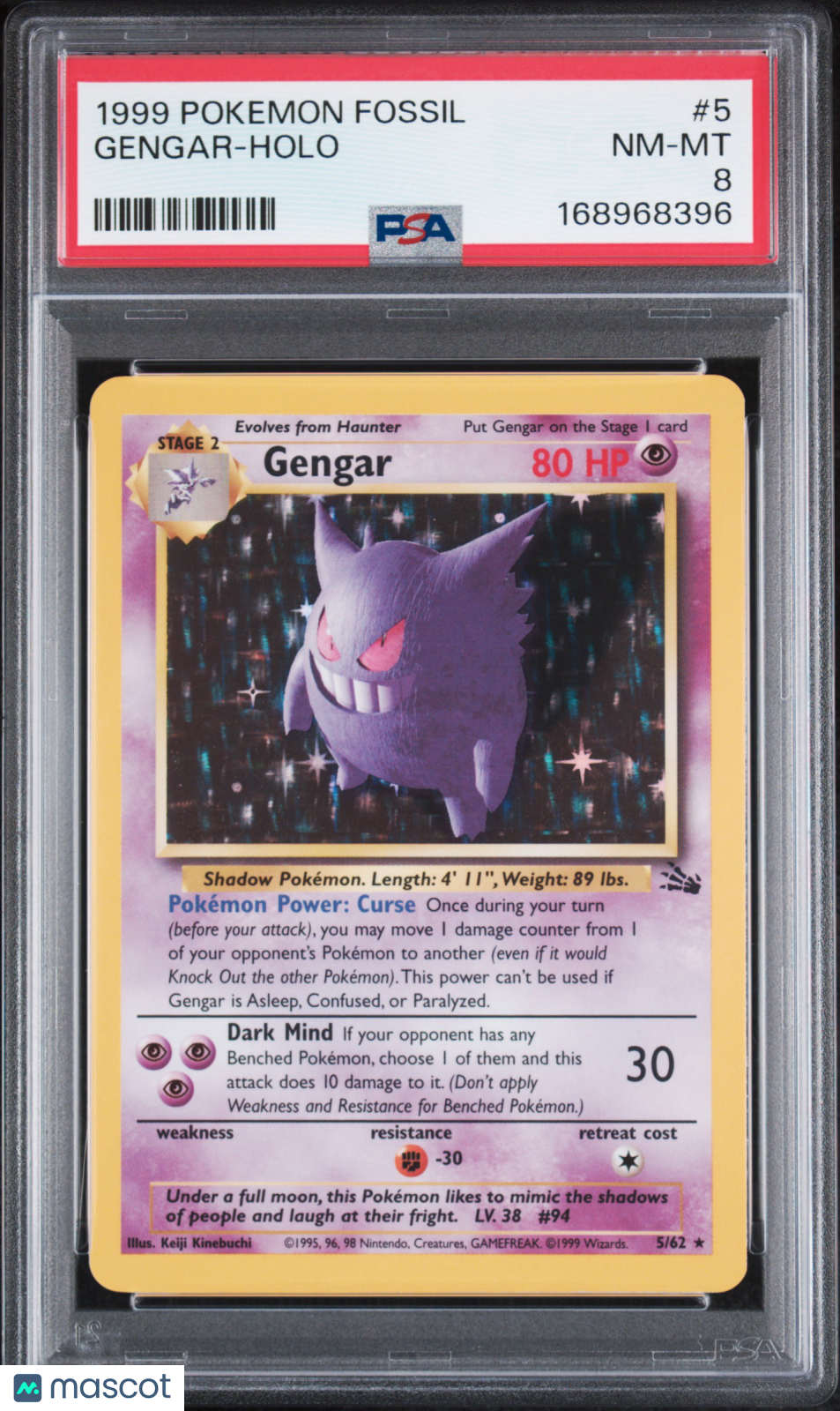 GENGAR 1999 Pokemon Fossil Holo Rare #5/62 PSA 8 NM-MT
