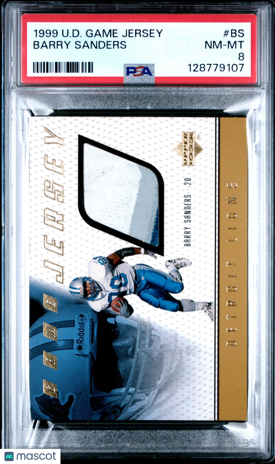 BARRY SANDERS 1999 Upper Deck U.D. Game Jersey 3 Color Patch #BS PSA 8 Lions