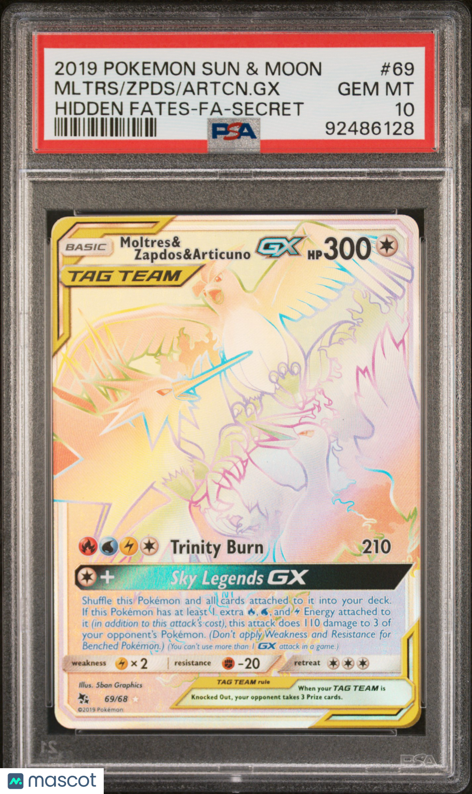 MOLTRES ZAPDOS ARTICUNO GX Pokemon Sun Moon Hidden Fates #69 Secret PSA 10