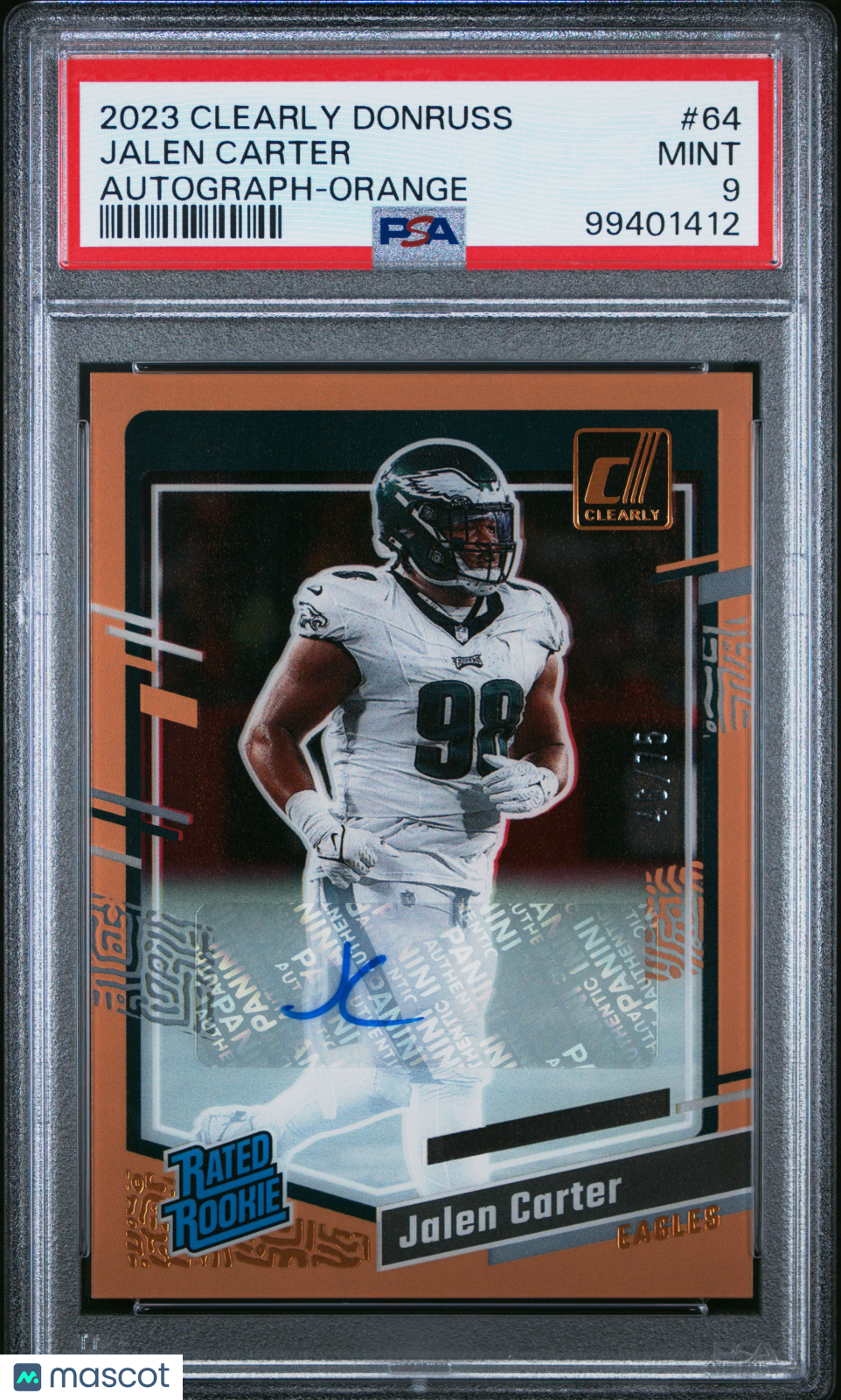 JALEN CARTER 2023 Clearly Donruss Rated Rookie Auto Orange /75 #64 PSA 9 Eagles