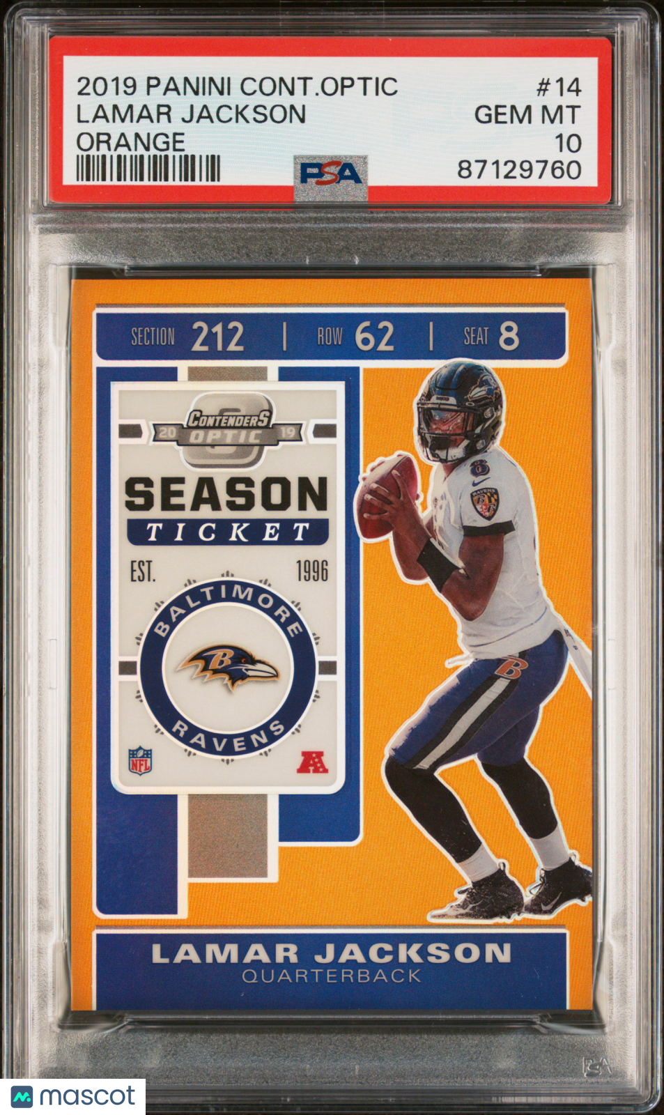 LAMAR JACKSON 2019 Panini Contenders Optic Orange Prizm /50 #14 PSA 10 Ravens