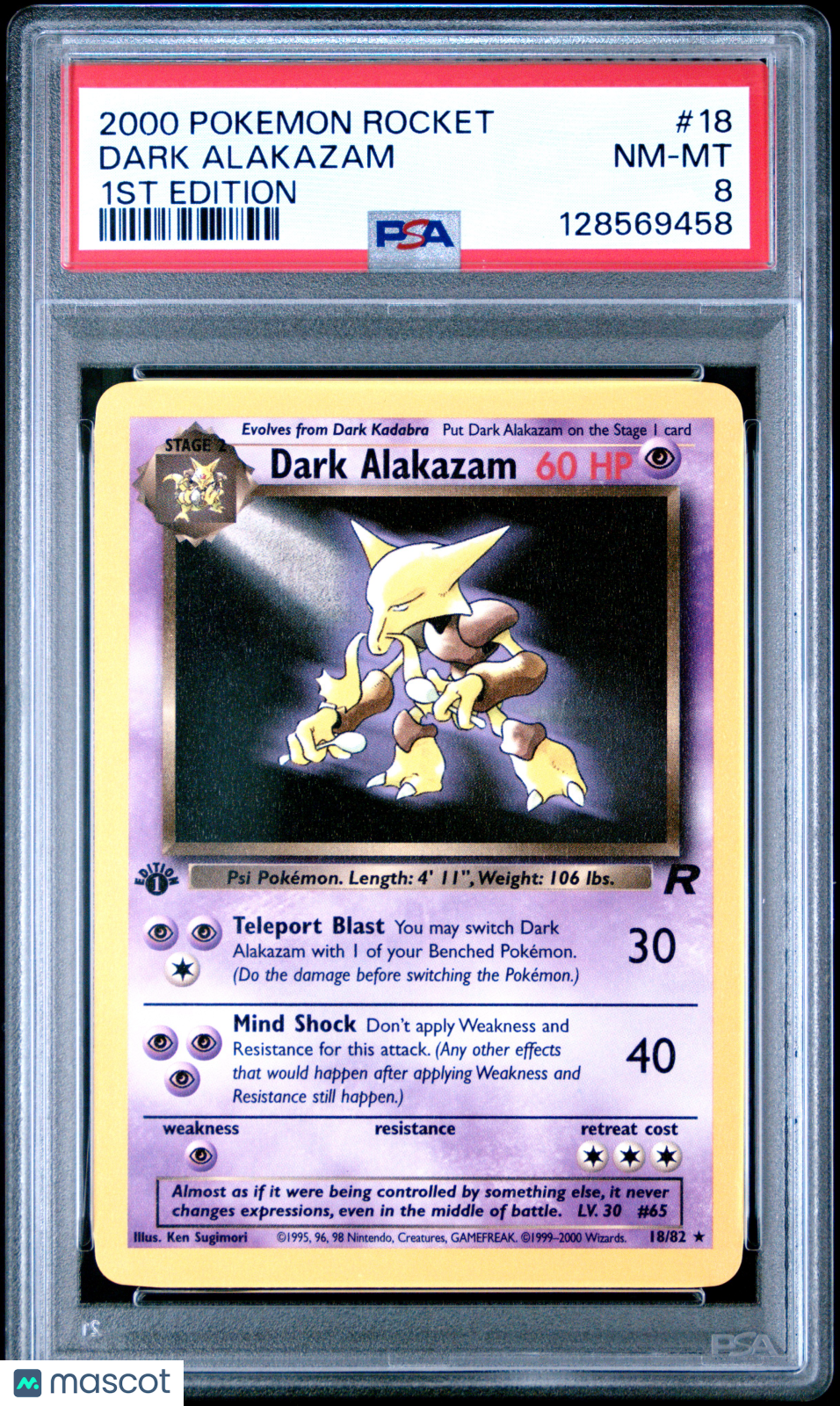 DARK ALAKAZAM 2000 Pokemon Team Rocket 1st Edition #18 PSA 8 NM-MT