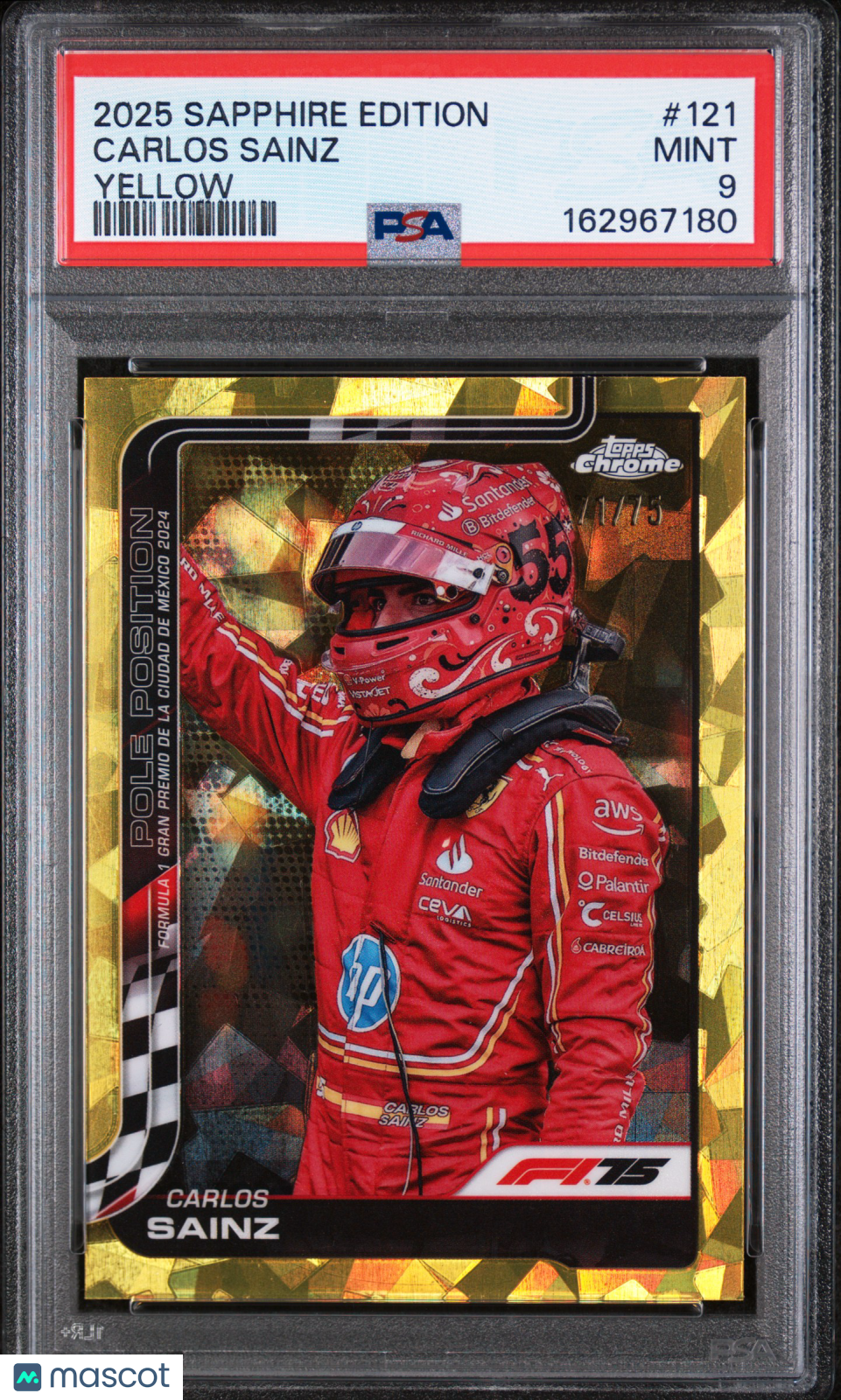 CARLOS SAINZ 2025 Topps Chrome Sapphire Edition Yellow Refractor /75 #121 PSA 9