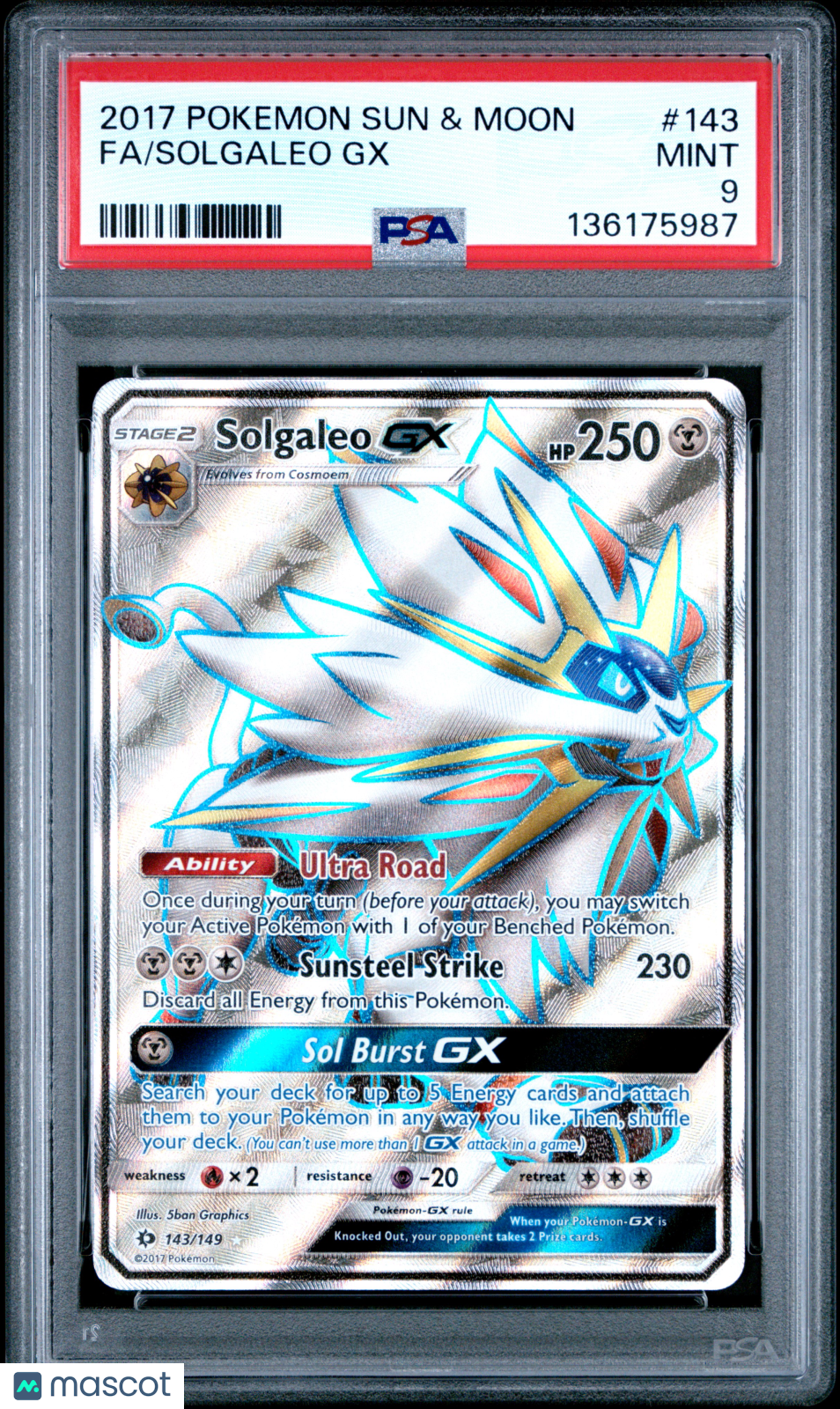 SOLGALEO GX 2017 Pokemon Sun & Moon Full Art Ultra Rare #143 PSA 9 MINT