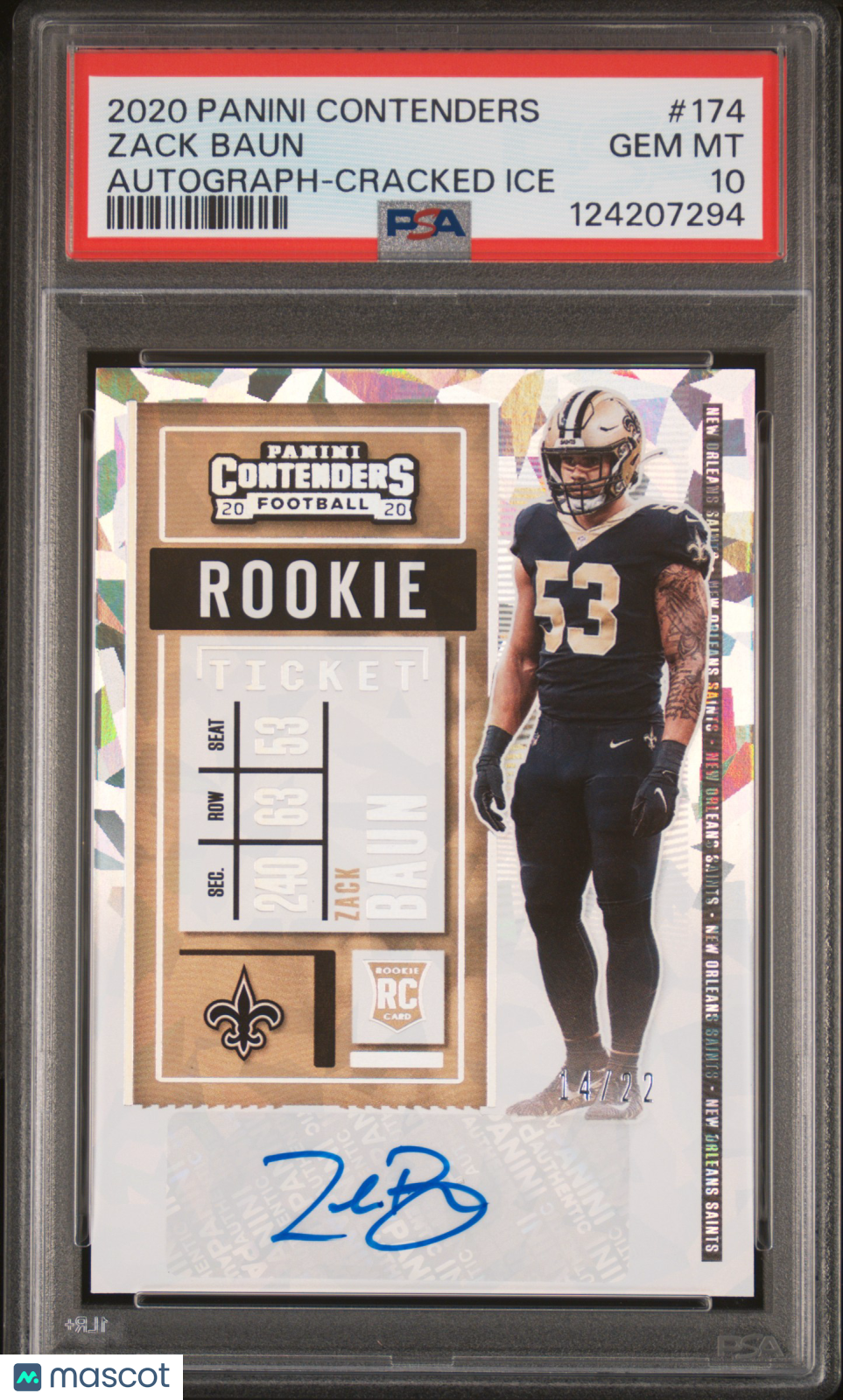 ZACK BAUN 2020 Panini Contenders Rookie Ticket Cracked Ice Auto /22 #174 PSA 10