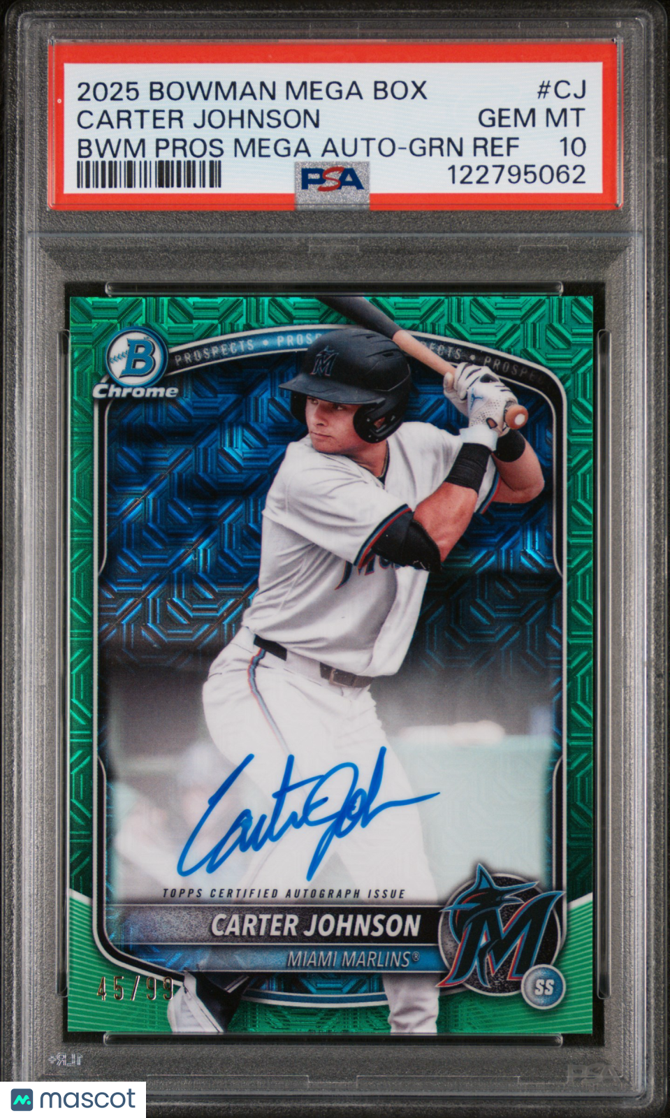 CARTER JOHNSON 2025 Bowman Mega Box Prospect Auto Green Mojo /99 #CJ PSA 10