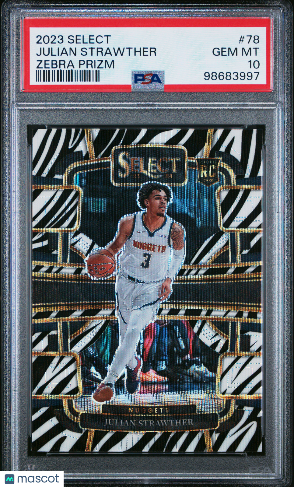 JULIAN STRAWTHER 2023-24 Panini Select Rookie Zebra Prizm SSP #78 PSA 10 Nuggets