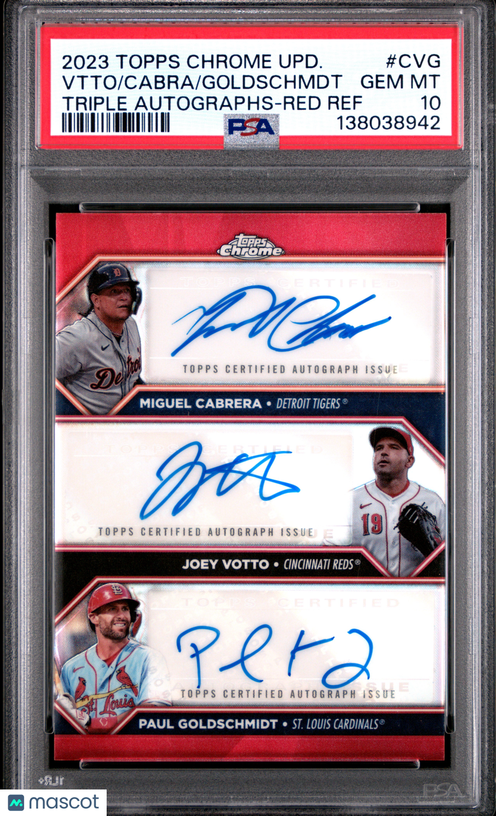 CABRERA VOTTO GOLDSCHMIDT 2023 Topps Chrome Update Auto Red /5 #CVG PSA 10