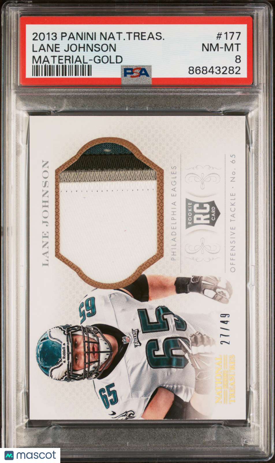 LANE JOHNSON 2013 Panini National Treasures Rookie Patch Gold /49 #177 PSA 8