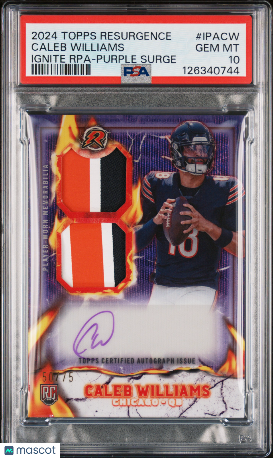 CALEB WILLIAMS 2024 Topps Resurgence Ignite Rookie Patch Auto Purple /75 PSA 10