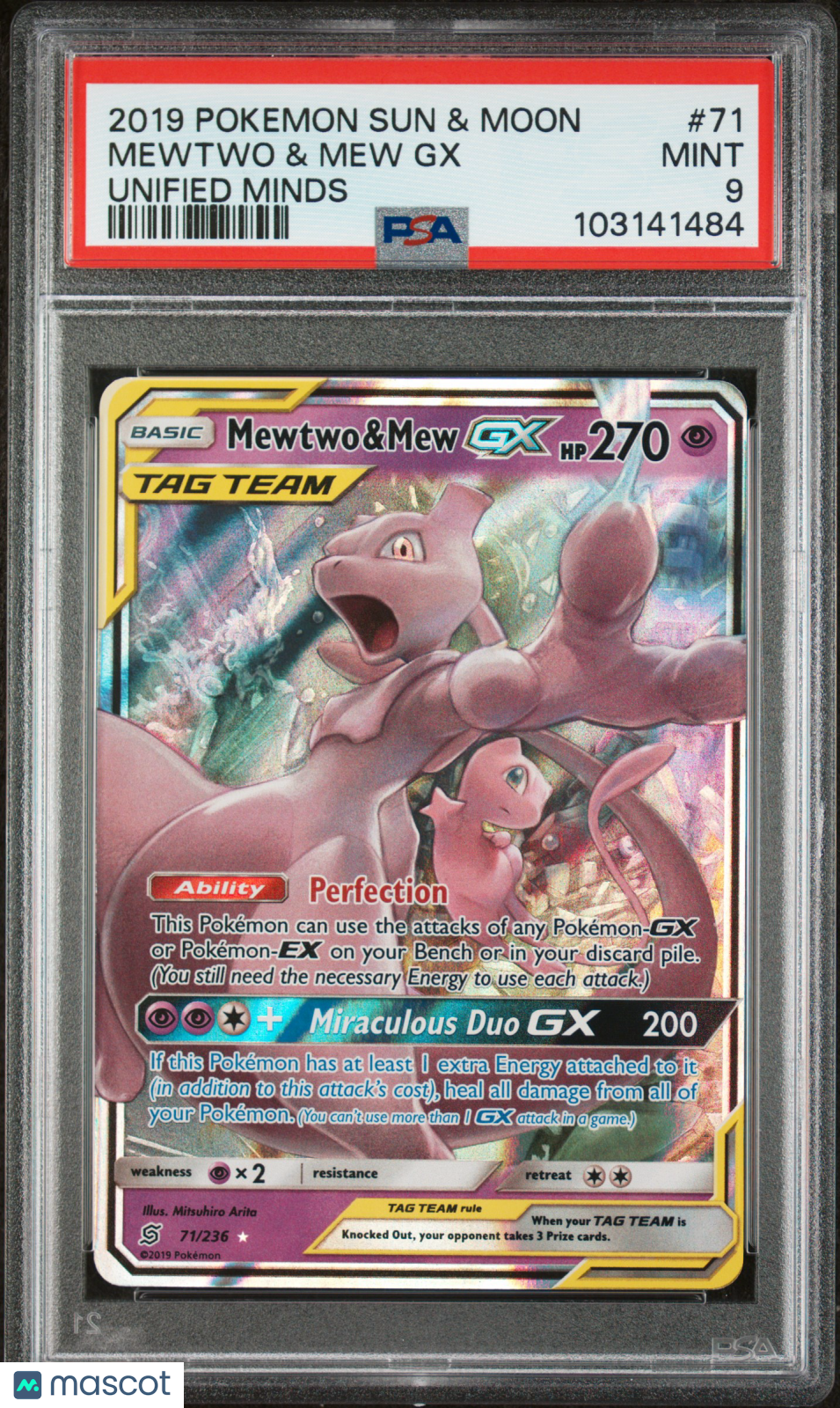 MEWTWO & MEW GX 2019 Pokemon Sun & Moon Unified Minds TAG TEAM PSA 9 #71