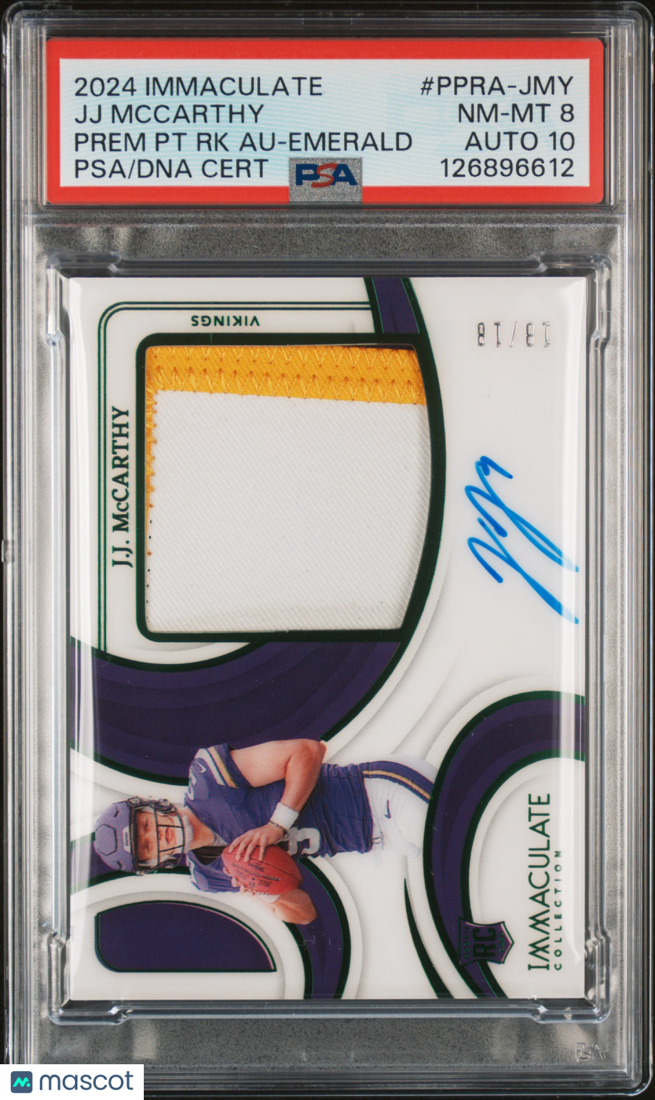 JJ MCCARTHY 2024 Panini Immaculate Premium Patch Rookie Auto Emerald /18 PSA 8