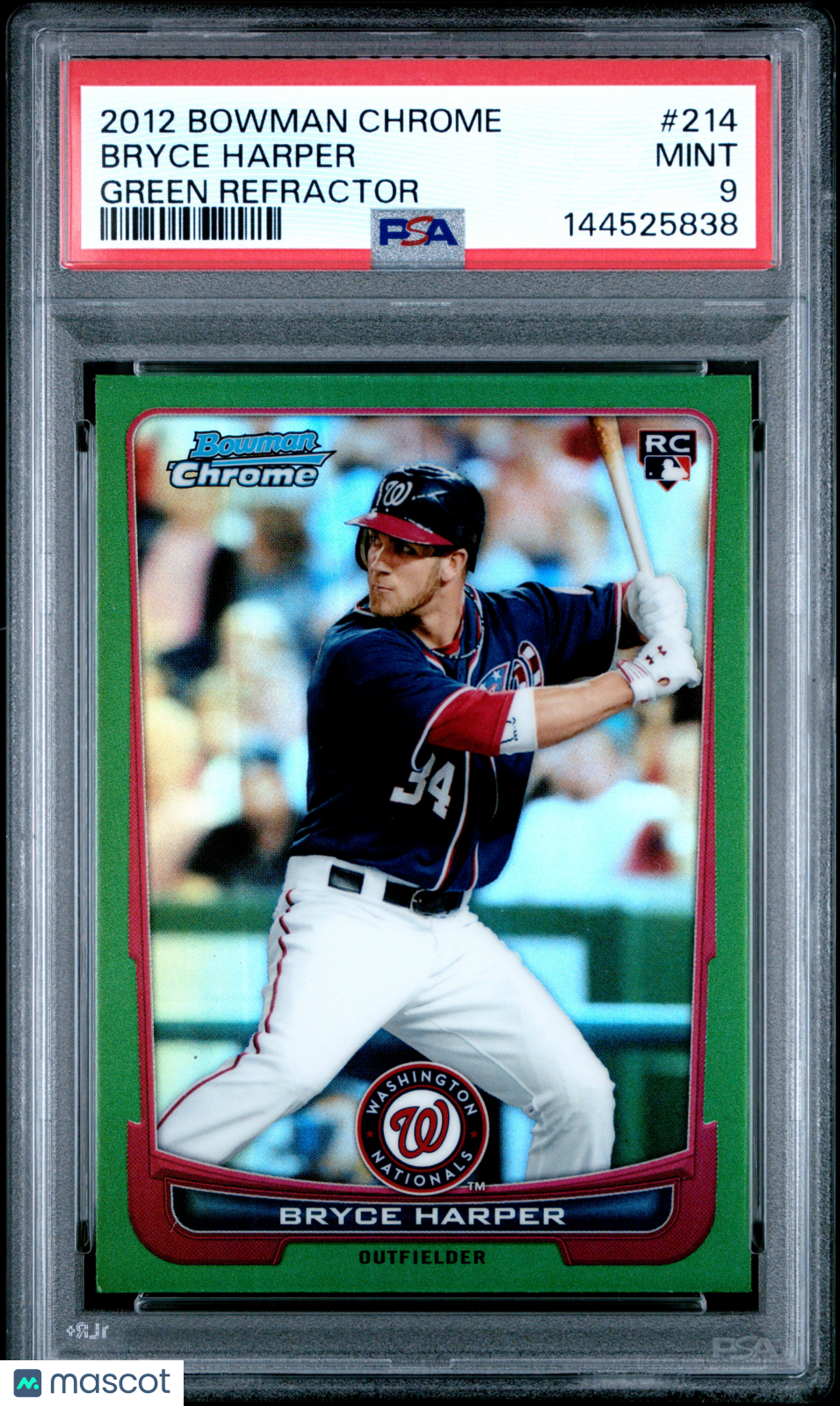 BRYCE HARPER 2012 Bowman Chrome Rookie Green Refractor #214 PSA 9 Nationals