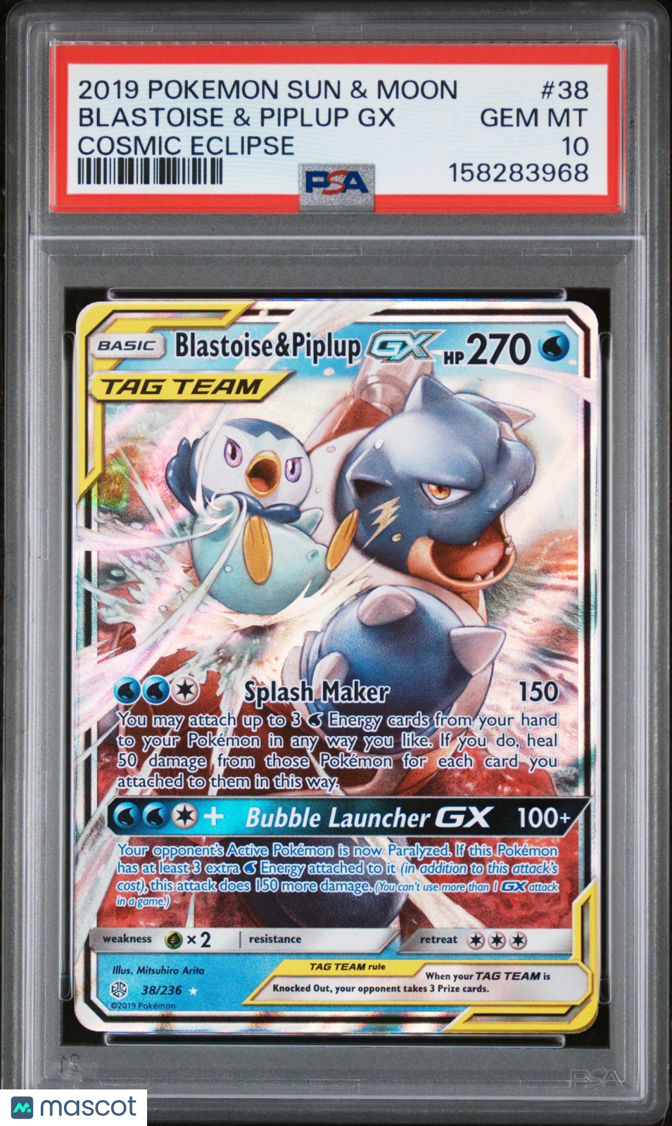 BLASTOISE & PIPLUP GX 2019 Pokemon Sun & Moon Cosmic Eclipse TAG TEAM #38 PSA 10