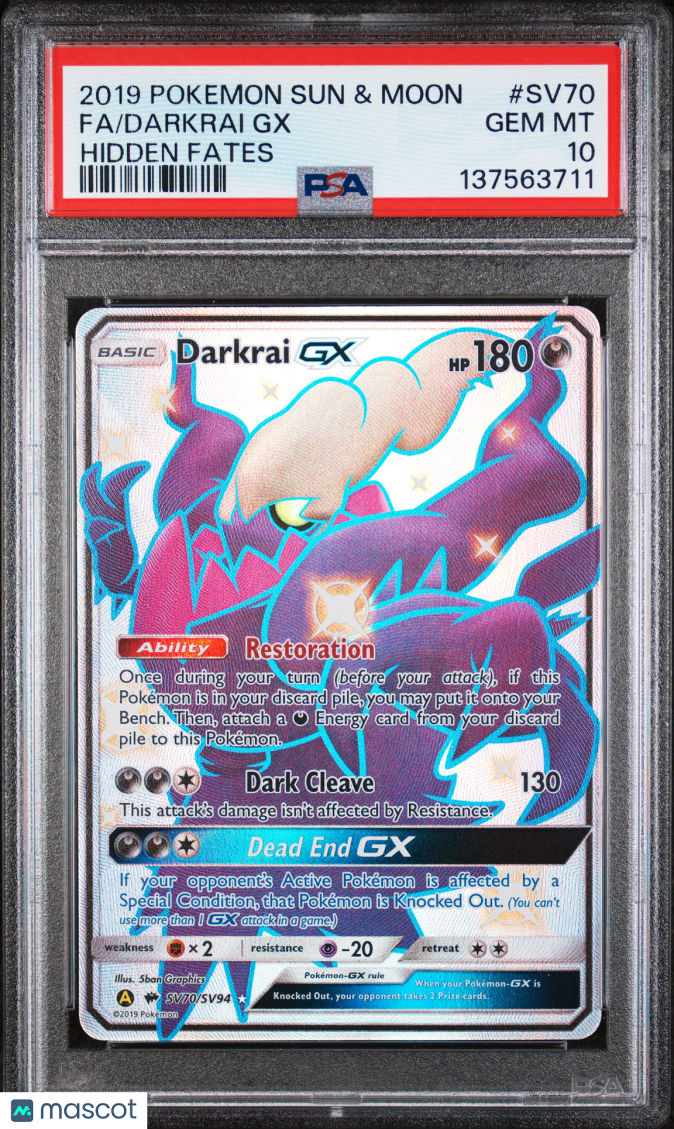 DARKRAI GX 2019 Pokemon Sun & Moon Hidden Fates Shiny Vault #SV70 PSA 10
