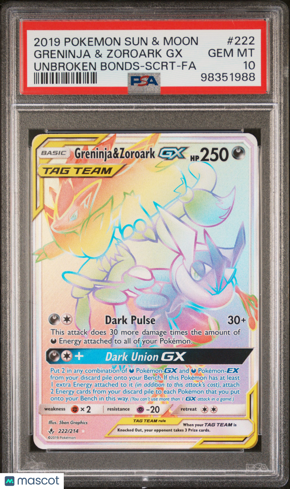 GRENINJA & ZOROARK GX 2019 Pokemon Sun & Moon Unbroken Bonds Secret #222 PSA 10