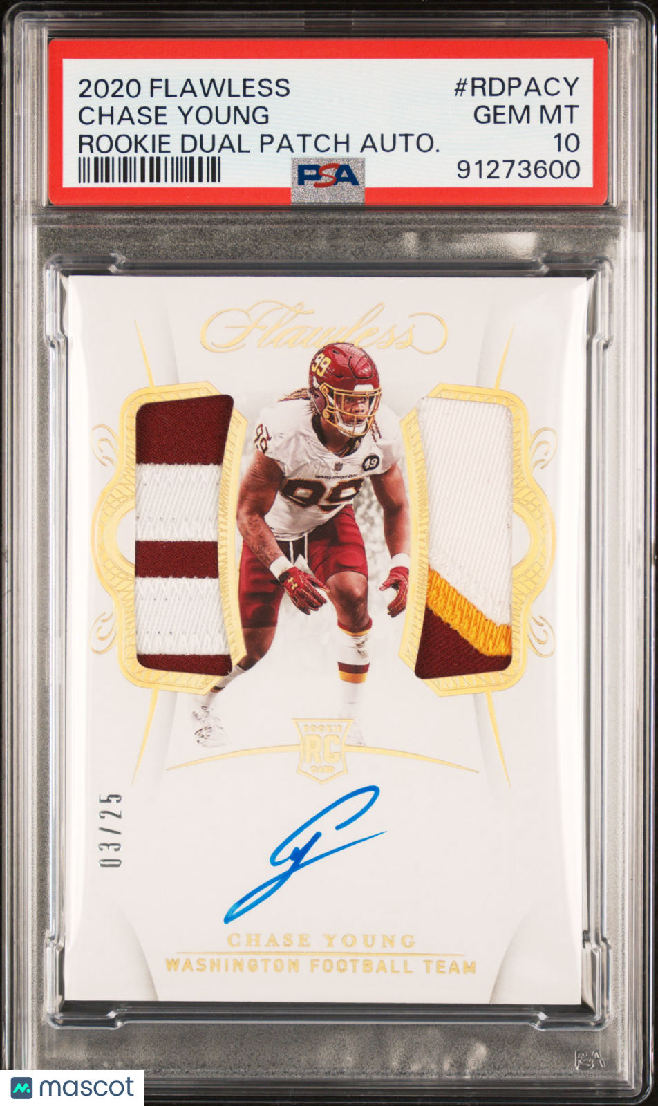 CHASE YOUNG 2020 Panini Flawless Rookie Dual Patch Auto /25 #RDPACY PSA 10