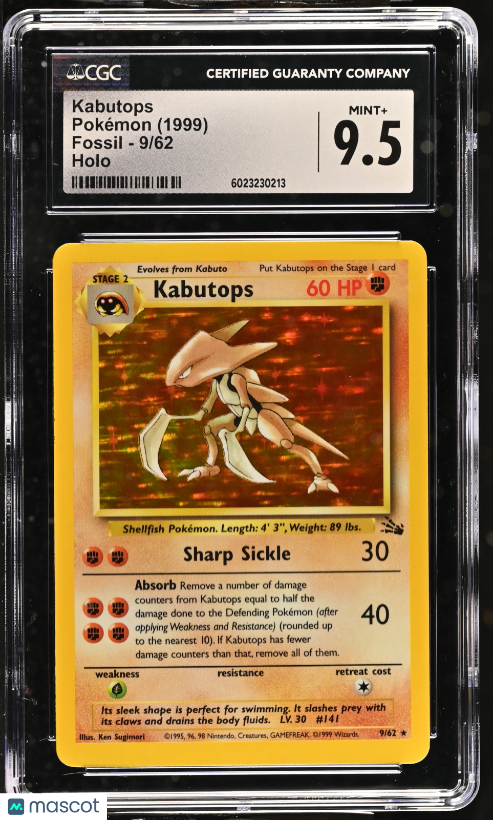 KABUTOPS 1999 Pokemon Fossil Holo Rare #9/62 CGC 9.5 MINT+