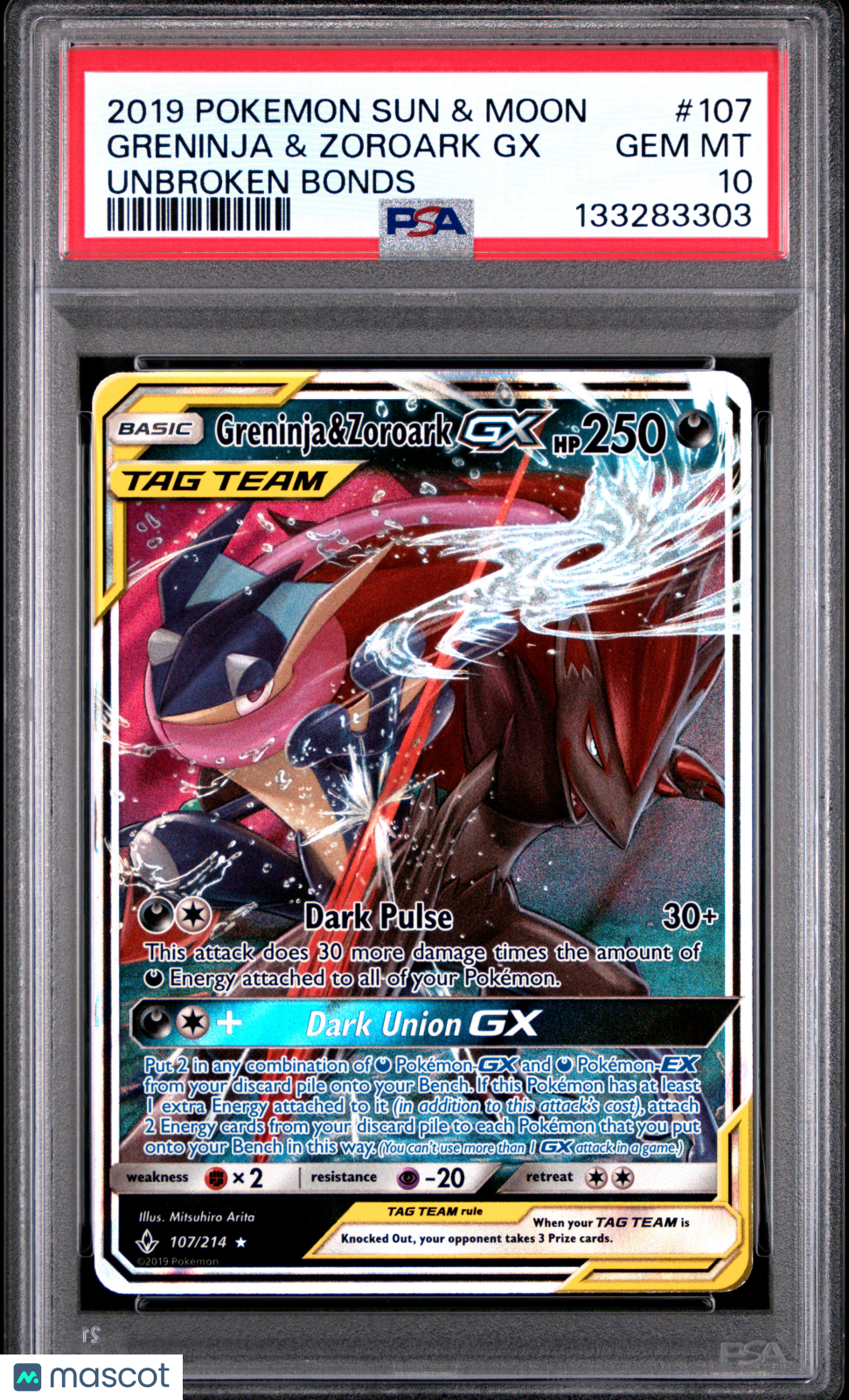 GRENINJA & ZOROARK GX 2019 Pokemon Sun Moon Unbroken Bonds TAG TEAM #107 PSA 10