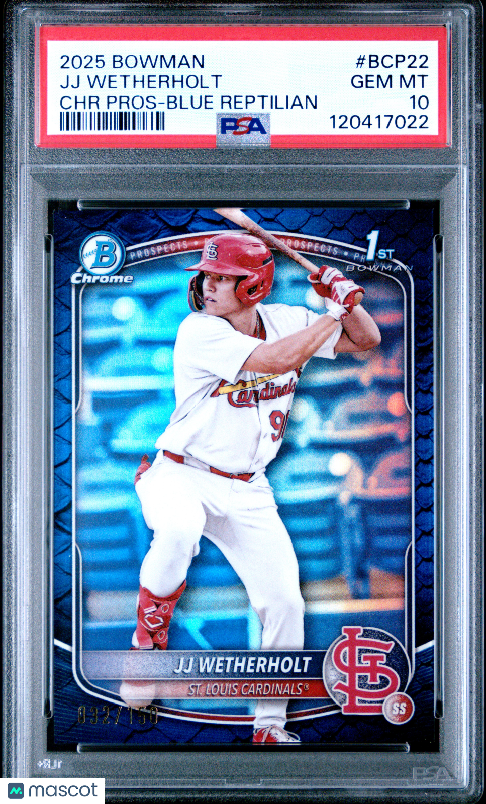 JJ WETHERHOLT 2025 Bowman Chrome 1st Prospect Blue Reptilian /150 #BCP22 PSA 10