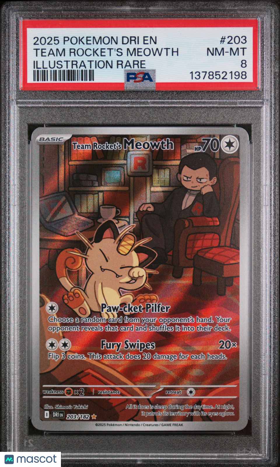 TEAM ROCKET'S MEOWTH 2025 Pokemon Destined Rivals Illustration Rare  #203 PSA 8