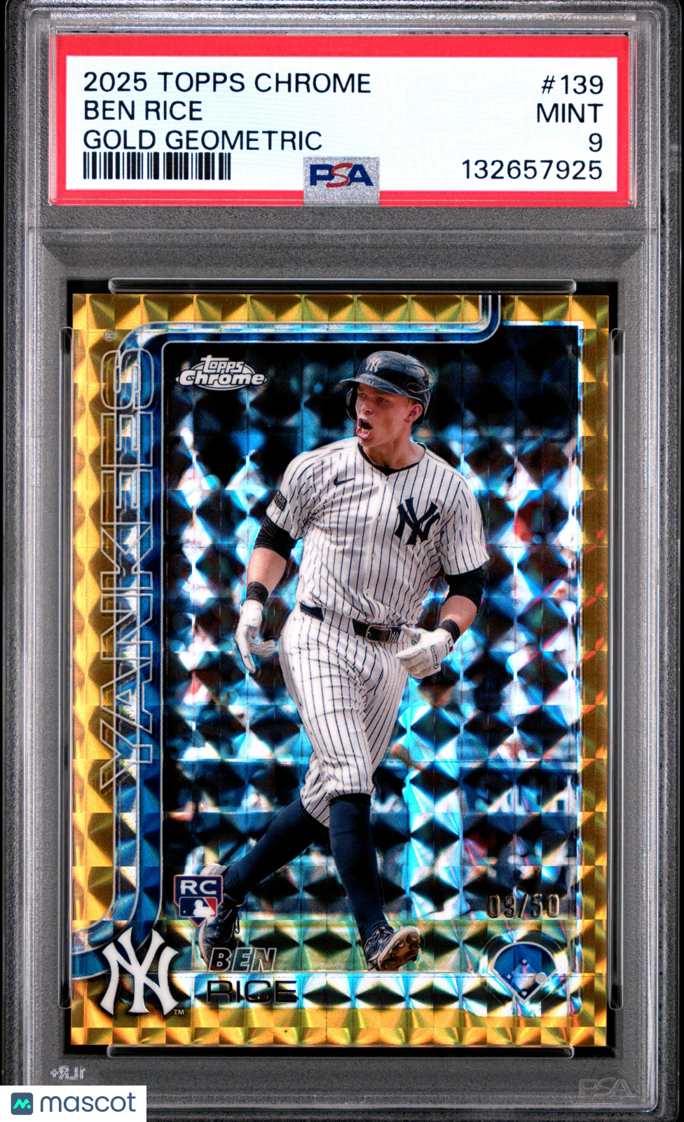 BEN RICE 2025 Topps Chrome Rookie Gold Geometric Refractor /50 139 PSA 9 Yankees