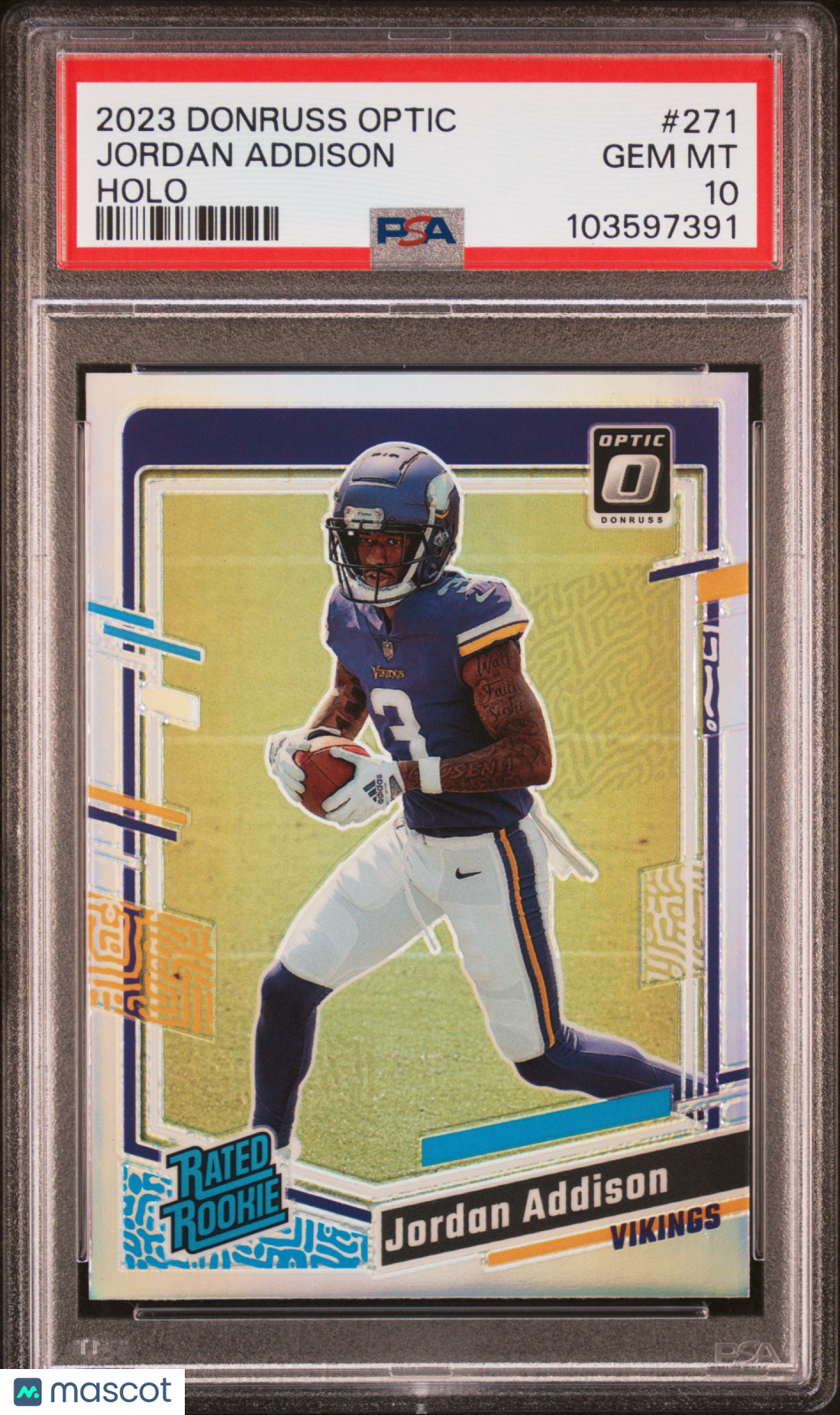 JORDAN ADDISON 2023 Panini Donruss Optic Rated Rookie Holo Prizm #271 PSA 10