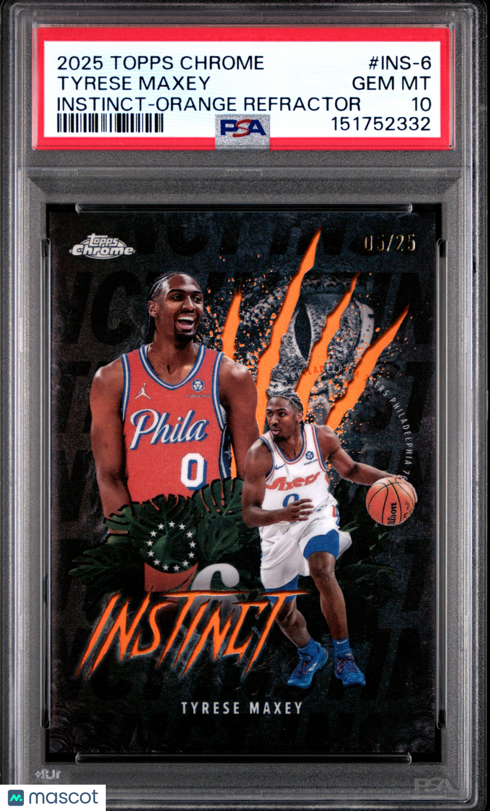 TYRESE MAXEY 2025-26 Topps Chrome Instinct Orange Refractor /25 #INS-6 PSA 10