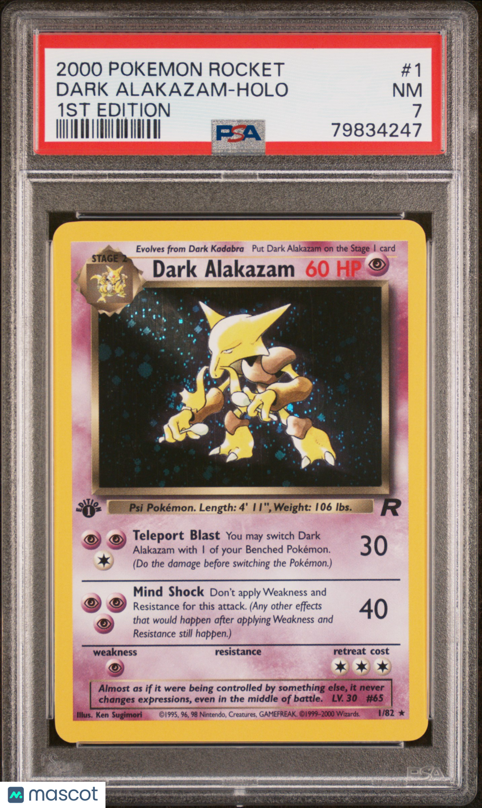 DARK ALAKAZAM 2000 Pokemon Team Rocket #1 Holo 1st Edition PSA 7