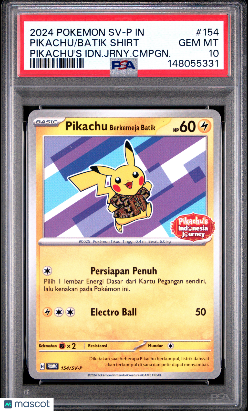 PIKACHU 2024 Pokemon Indonesian Promo Batik Shirt Journey Campaign #154 PSA 10