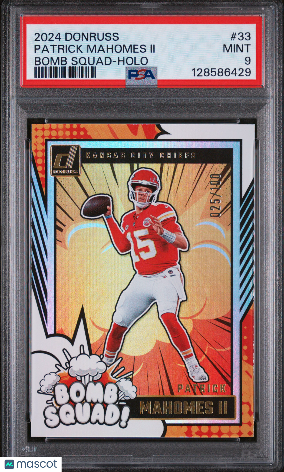 PATRICK MAHOMES II 2024 Panini Donruss Bomb Squad Holo /100 #33 PSA 9 Chiefs