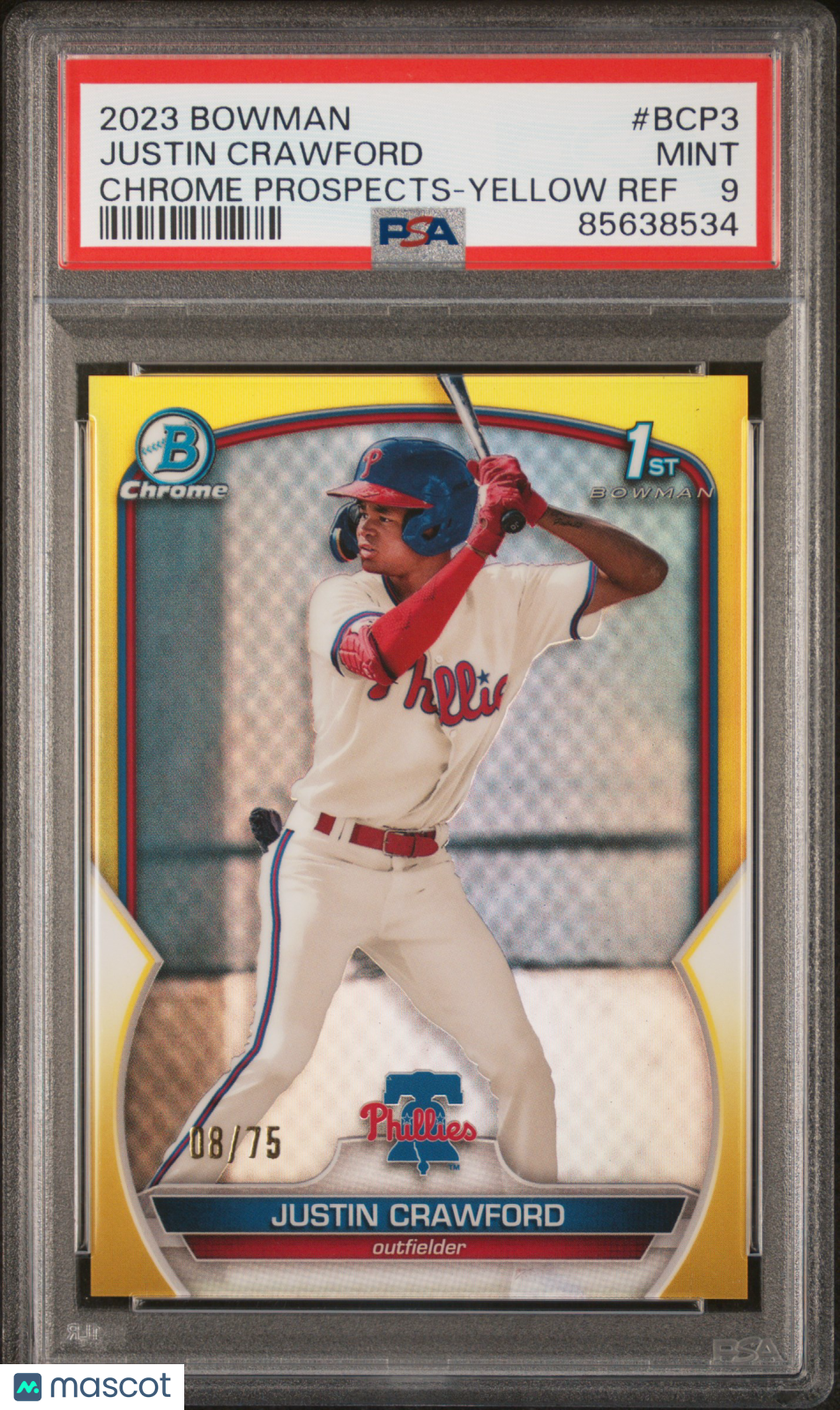 JUSTIN CRAWFORD 2023 Bowman Chrome Prospects Yellow Refractor /75 #BCP3 PSA 9