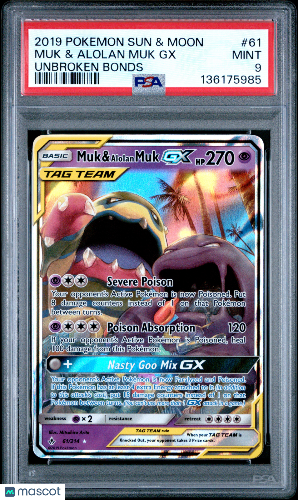 MUK & ALOLAN MUK GX 2019 Pokemon Sun & Moon Unbroken Bonds Tag Team #61 PSA 9
