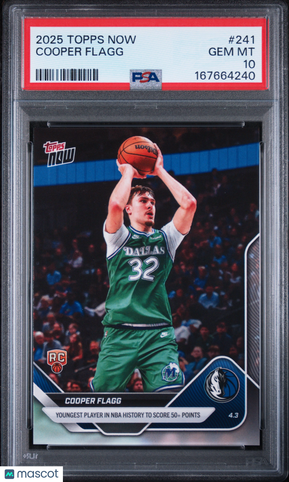 COOPER FLAGG 2025 Topps Now Rookie 50+ Points Record #241 PSA 10 Mavericks